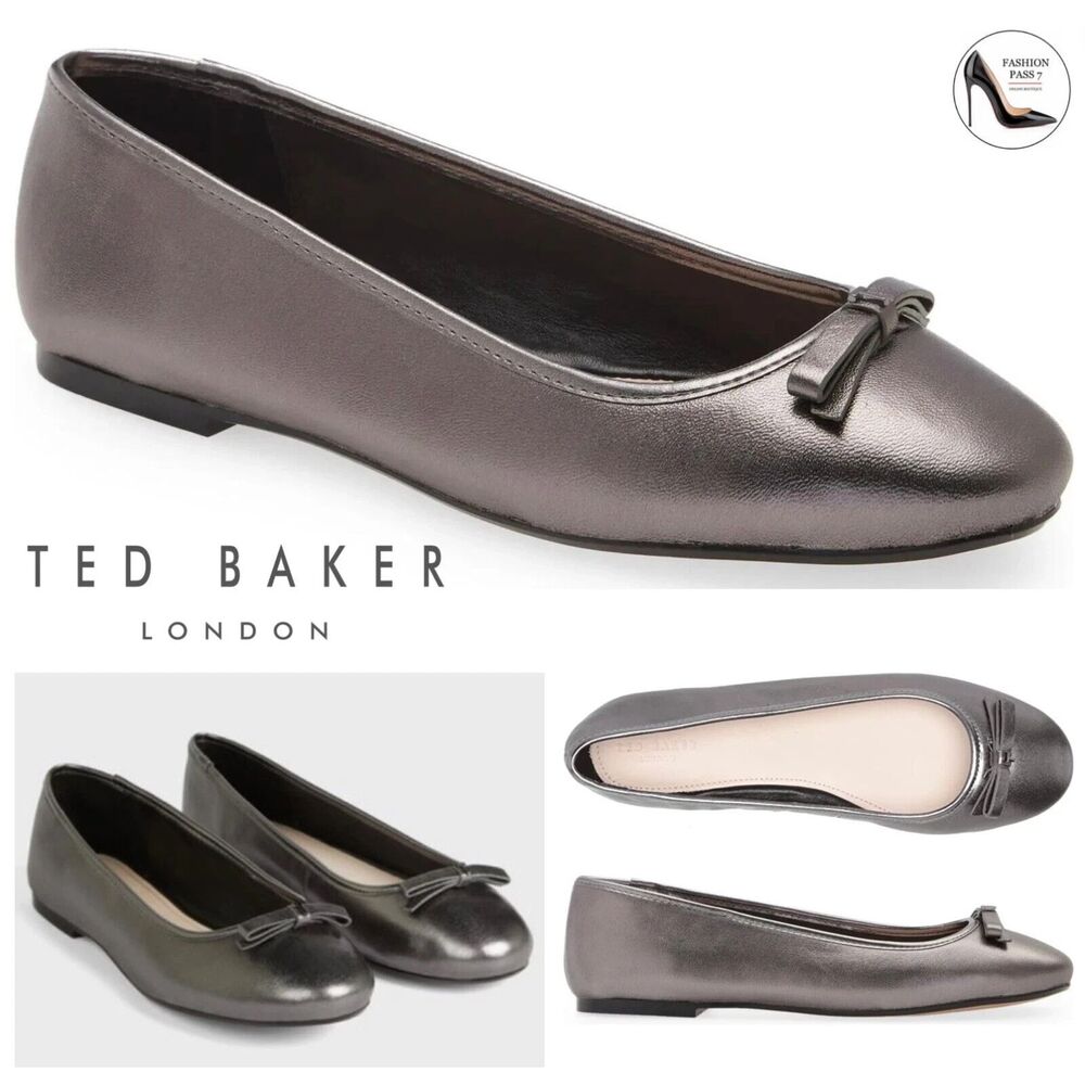Ted Baker Gunmetal Leather Bow Ballerina Flat Shoe Women's Noraih 40 US 9.5